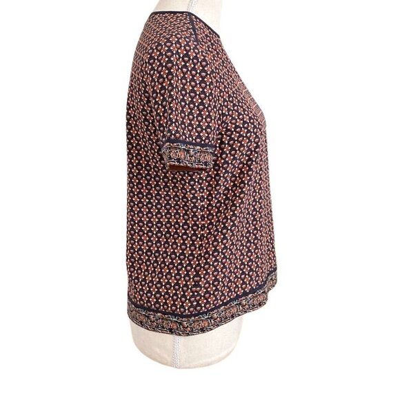 TORY BURCH 100% SILK SHORT SLEEVE BOXY TOP IN ORANGE BLUE FLORAL GEO PATTERN - 2 - Picture 2 of 10